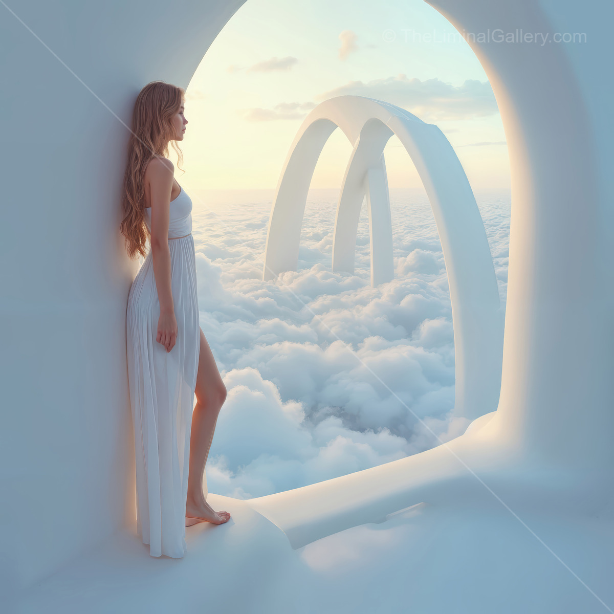 Woman at an open arch looks over cloud layers at twilight, sweeping white arches lifting into the sky