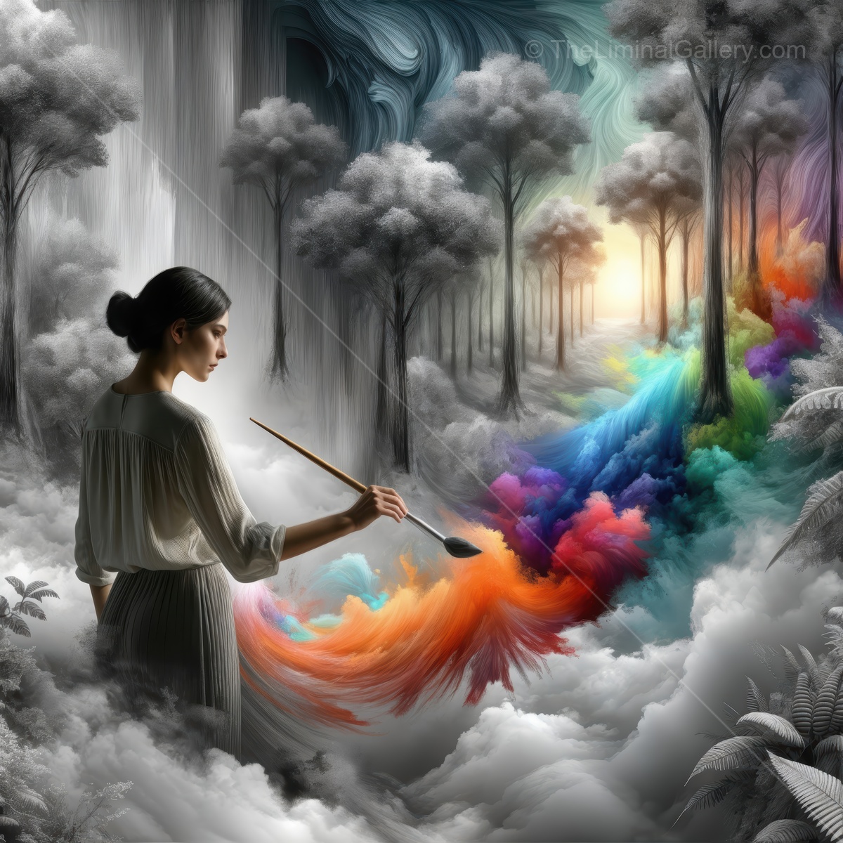 Creating a vibrant dreamscape with colors flowing from an artists brush in a forest at dawn