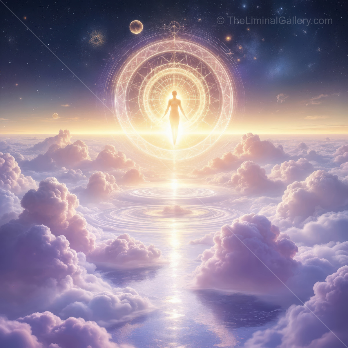 Celestial journey through ethereal clouds at dawn