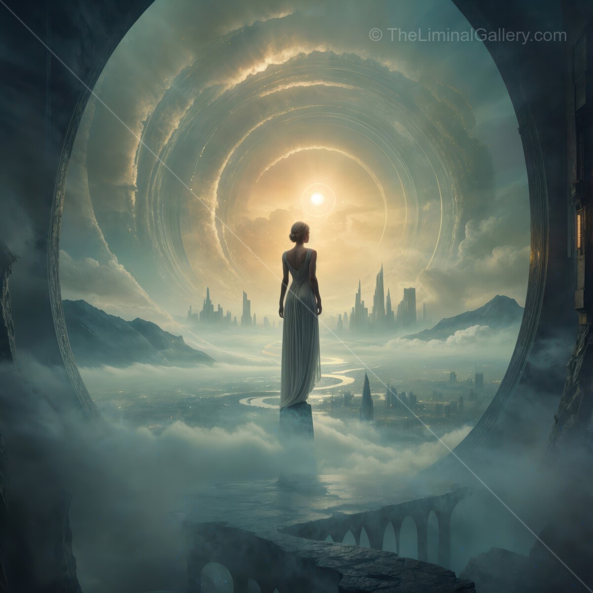 Ethereal wanderer gazes upon a mystical city at dawn in a dreamlike realm of light and shadow