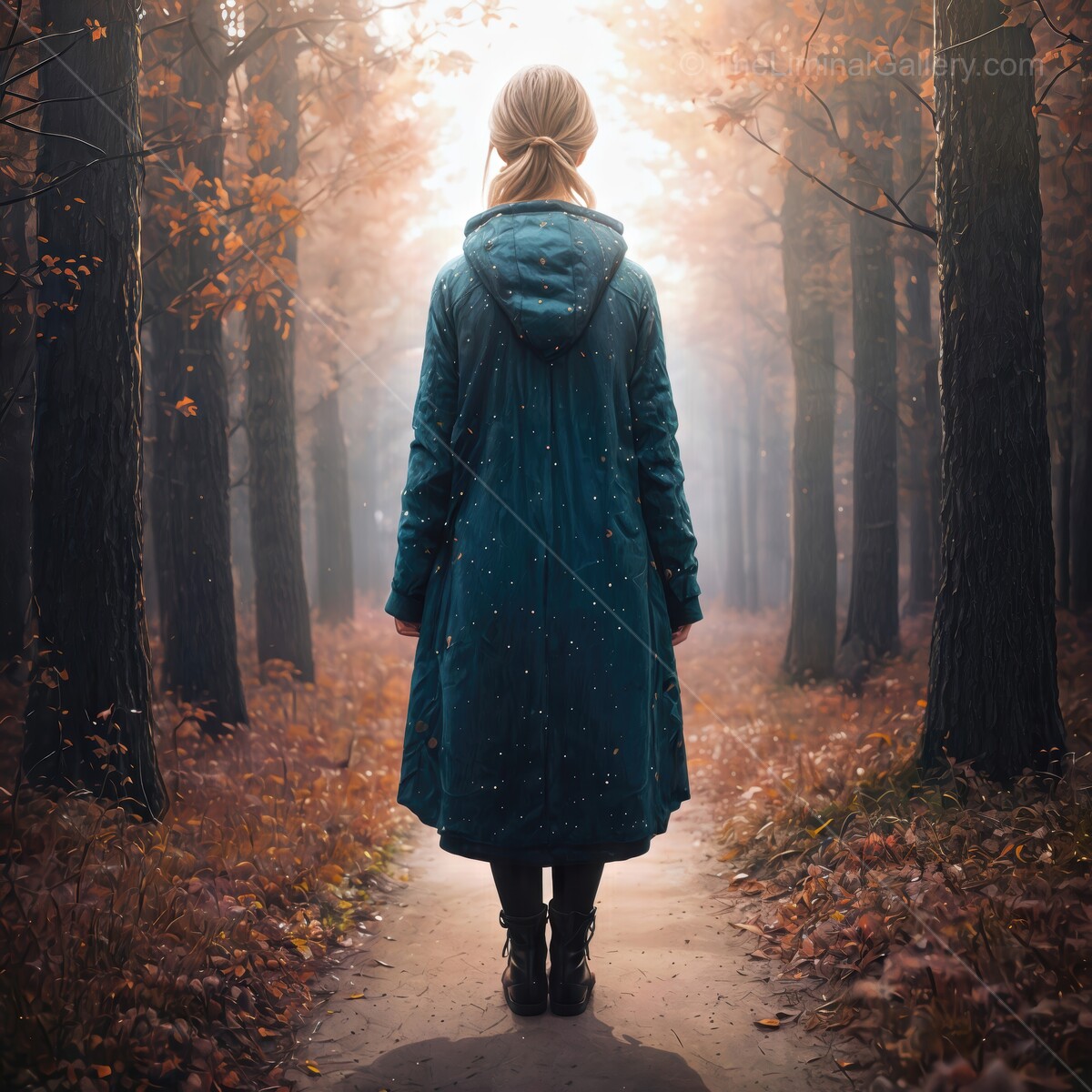 Enchanting autumn walk through a mystical forest enveloped in golden light