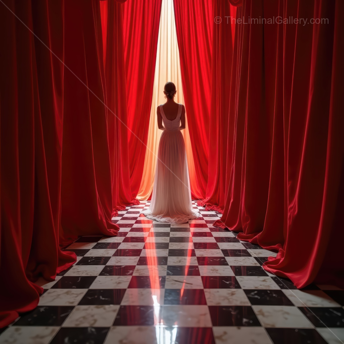 Woman in a white gown faces a beam filtering through red curtains, checkered tiles reflecting her stance
