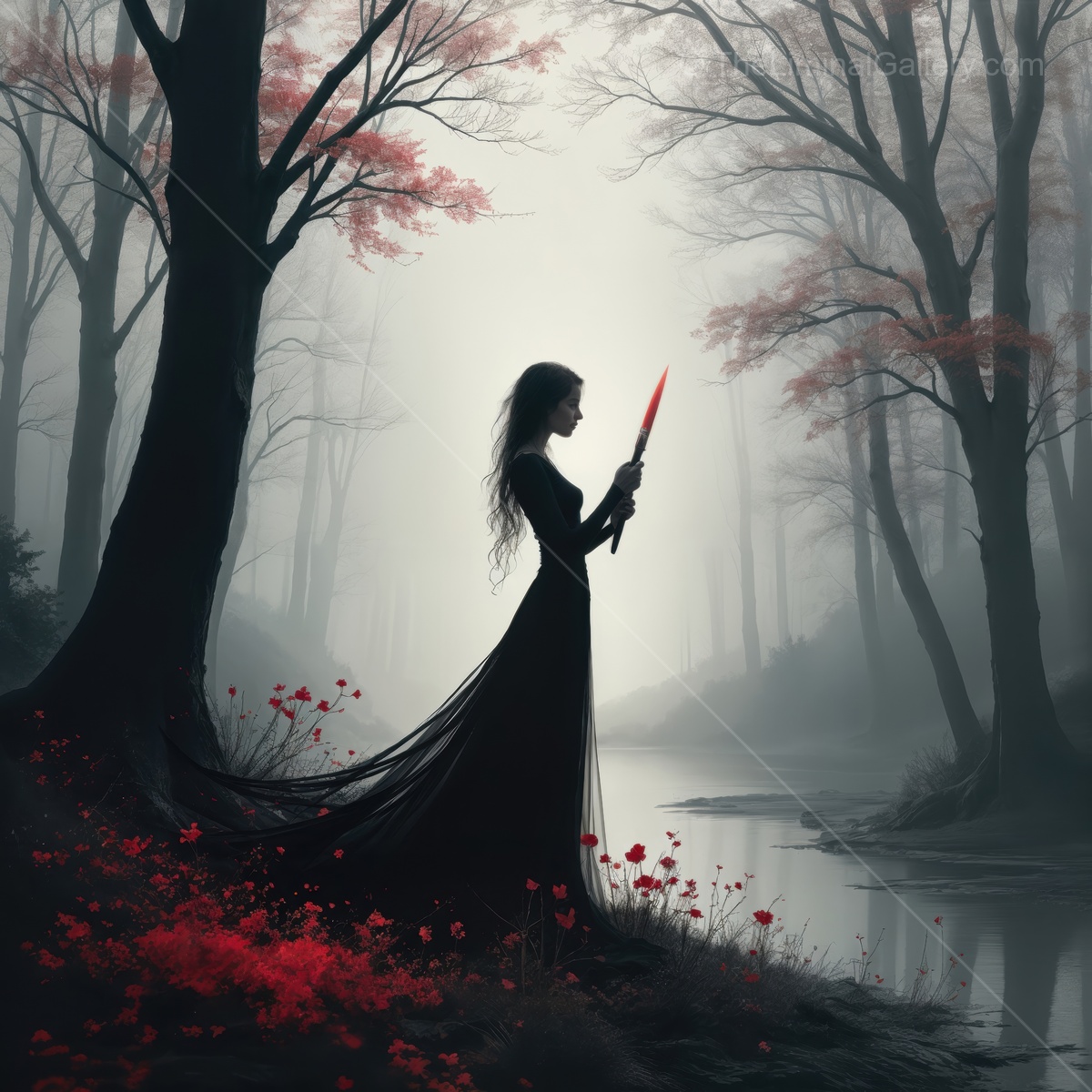 Woman in a black dress holds a sword beside a misted river, red blooms scattered across the ground