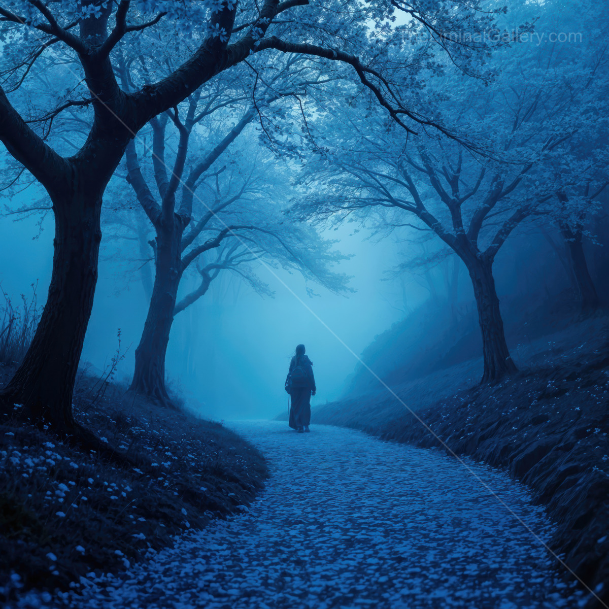 Woman walks a blossom-lined path in blue mist, scattered petals and side light leading her onward