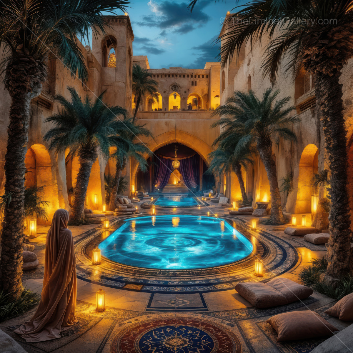 Lantern-lit courtyard at blue hour with palms and a calm pool, a woman lingering near the water's edge