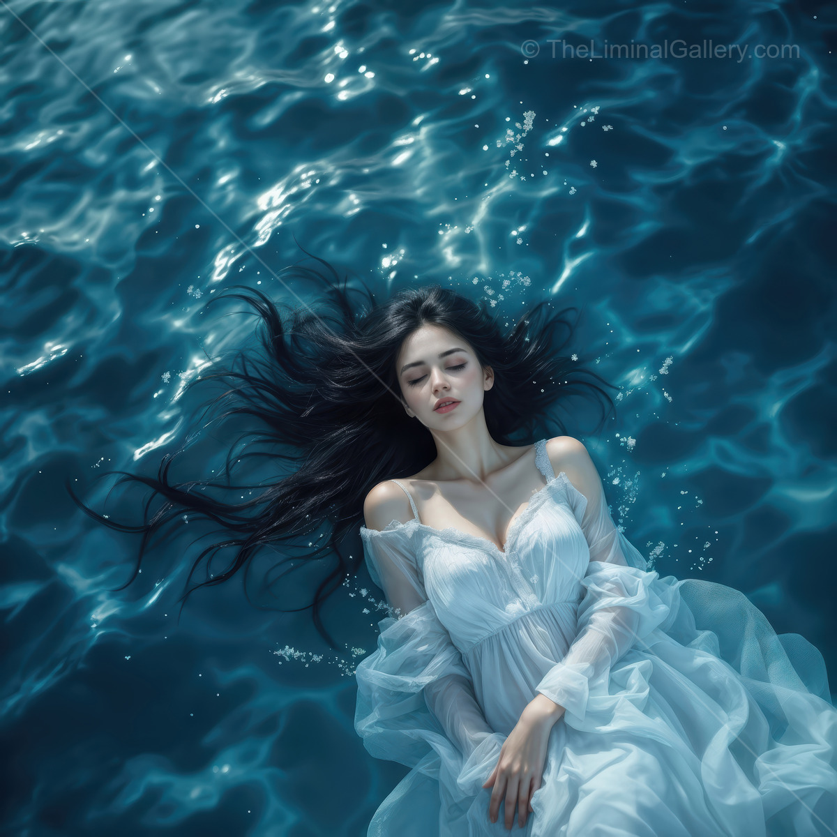 Woman floats in blue water with a white dress drifting, sunlit patterns sliding across her arms