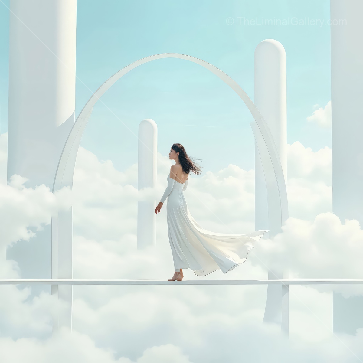 Woman in a white dress walks a narrow bridge above clouds toward pale columns under pastel sky