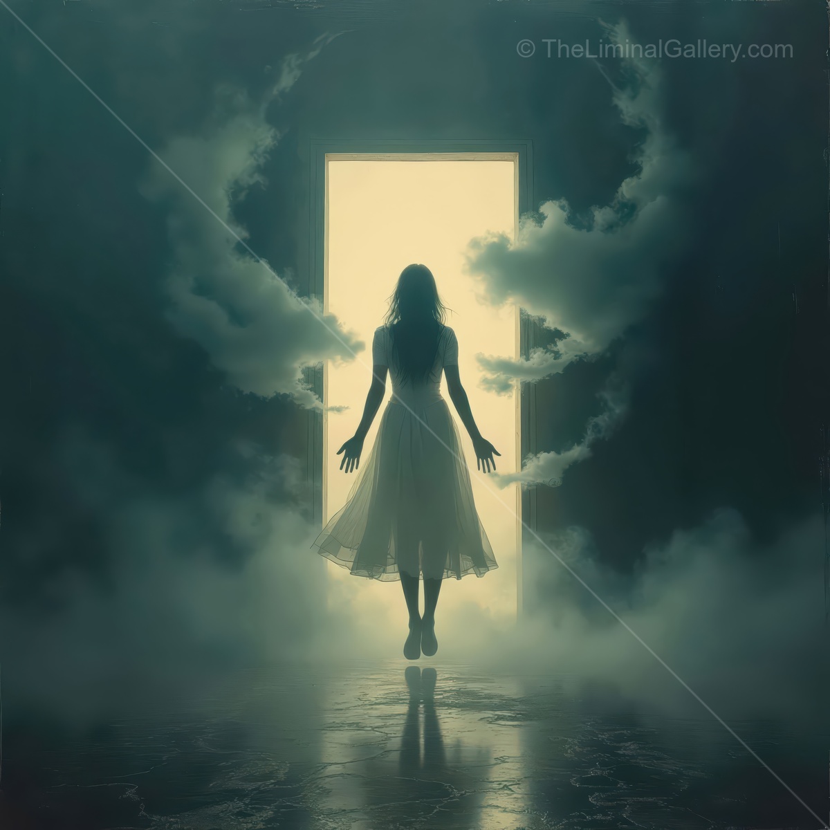 Woman in white stands at a bright doorway with arms lifted, thin smoke curls gathering at her sides