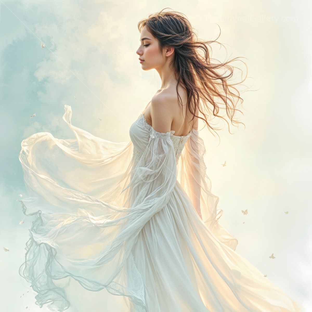 Woman in a white dress turns through lamplike light as butterflies circle her at twilight