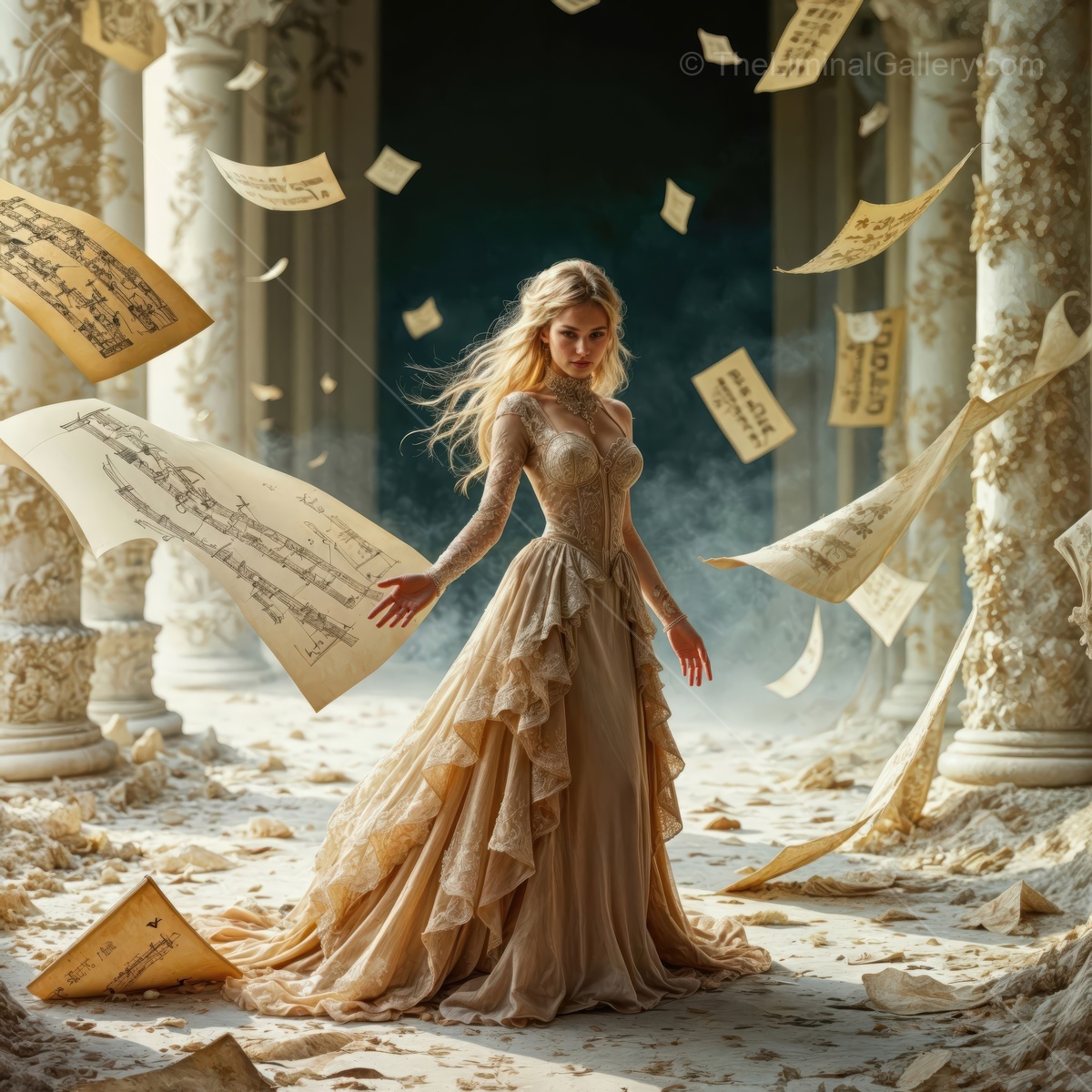 Captivating melody unfolds as a graceful woman dances amidst swirling music sheets