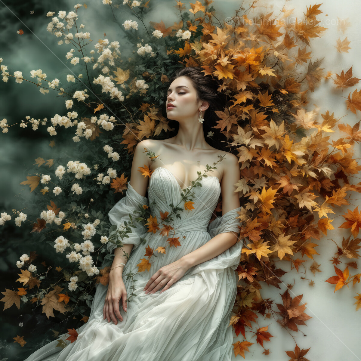Captivating woman in a flowing gown surrounded by autumn leaves and blossoms, embodying the essence of the changing seasons in a serene setting
