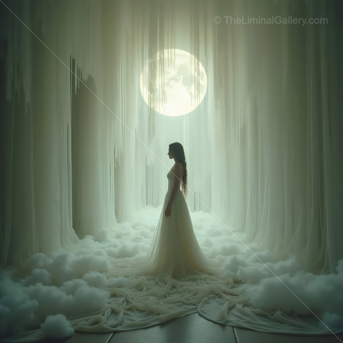 Ethereal figure draped in flowing fabric with a luminous moon backdrop at twilight