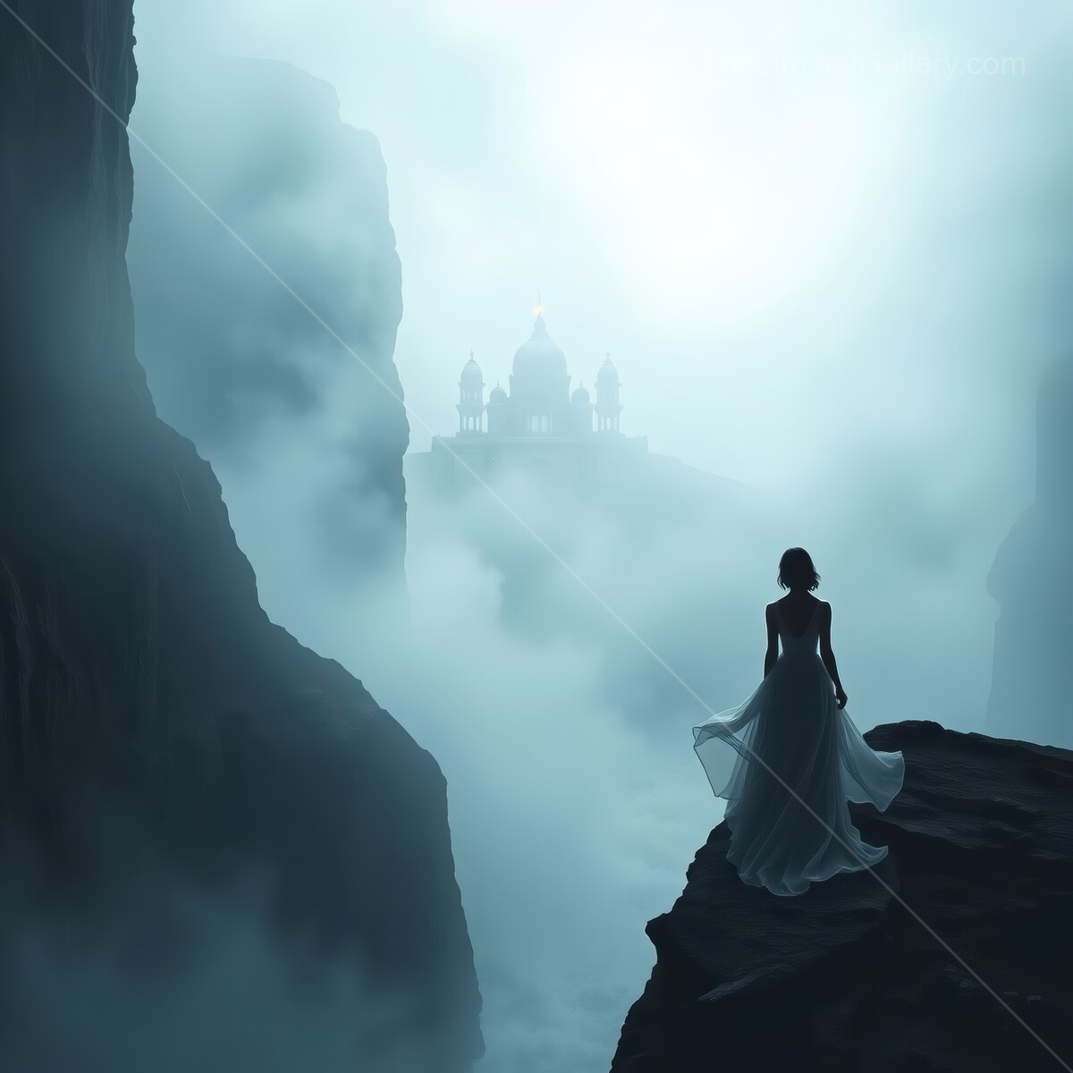 Mysterious silhouette gazes towards a distant castle shrouded in liminal mist at dawn