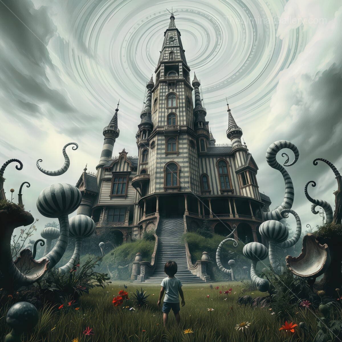 Boy gazes at an enchanting castle spiraling into the clouds on a whimsical adventure