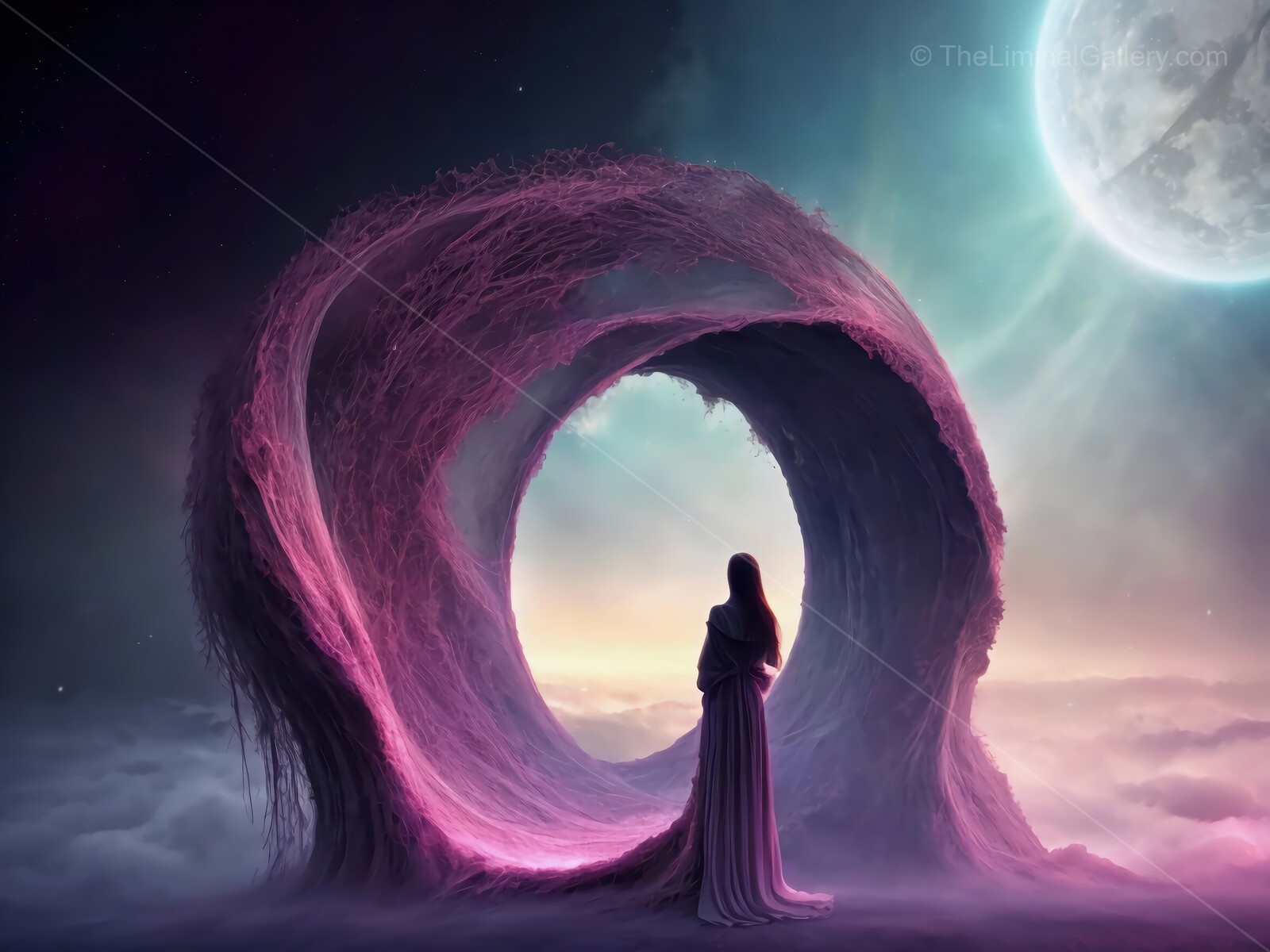 Mystical woman explores a vibrant portal beneath a moonlit sky at twilight
