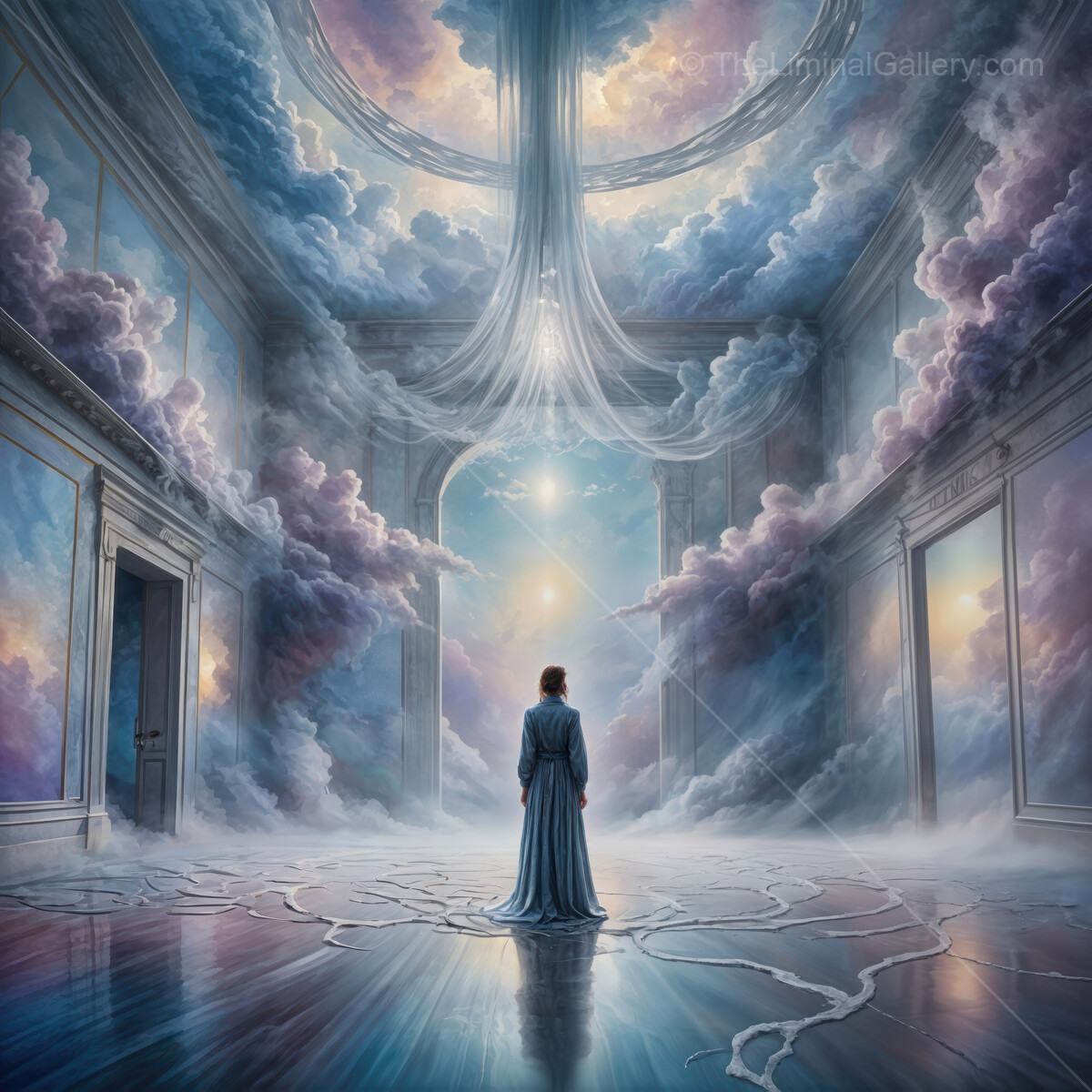 Surreal exploration of a celestial realm filled with soft colors and ethereal light beneath billowing clouds