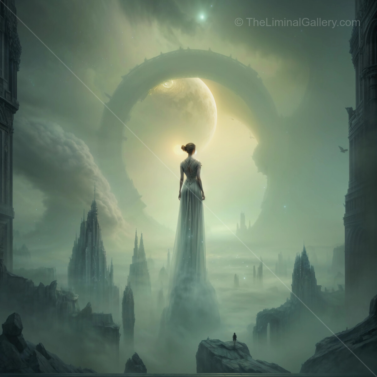 Mysterious figure gazes at celestial realms in an otherworldly landscape at dawn