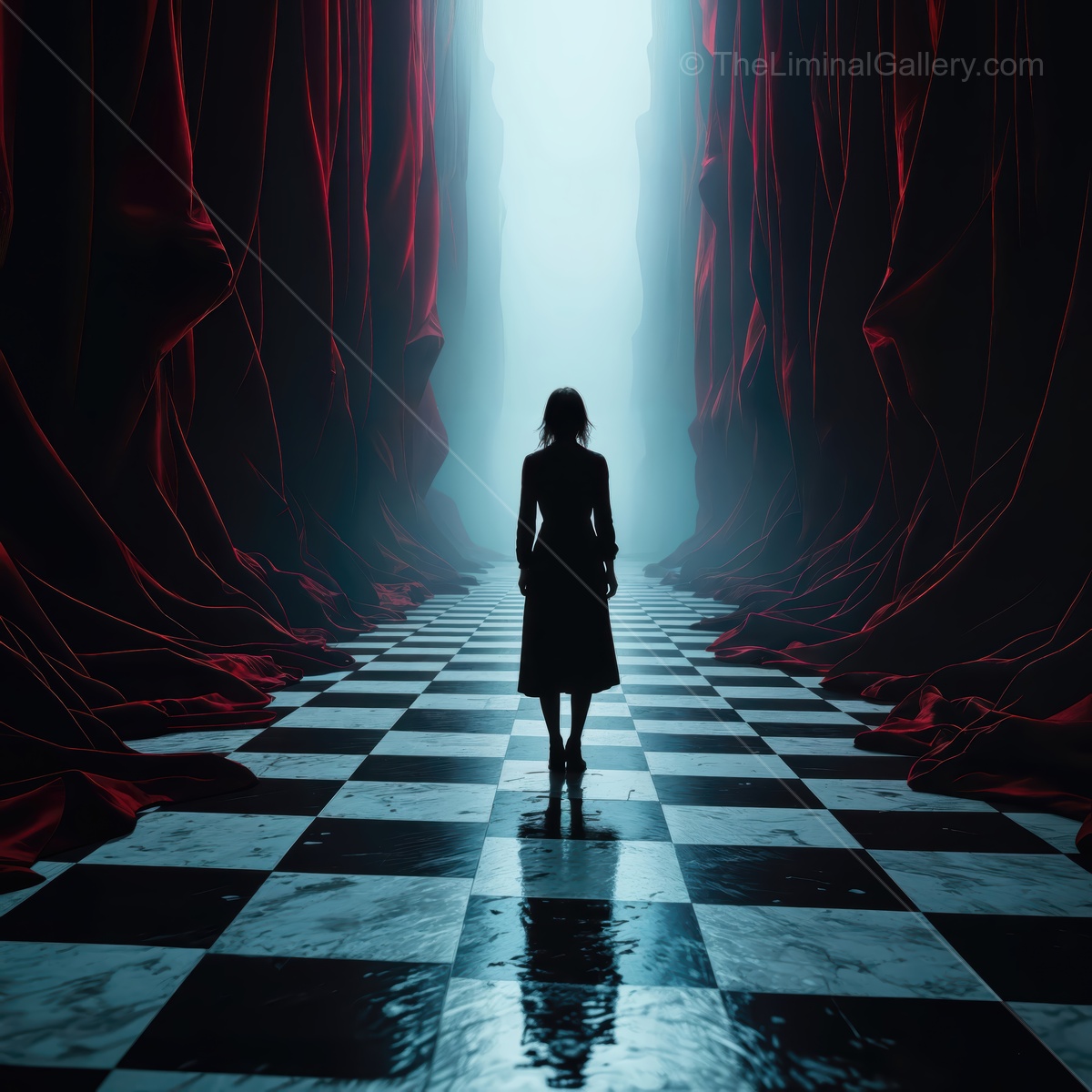 Woman faces a long checkered path framed by cascading red fabric, thin mist softening the tunnel