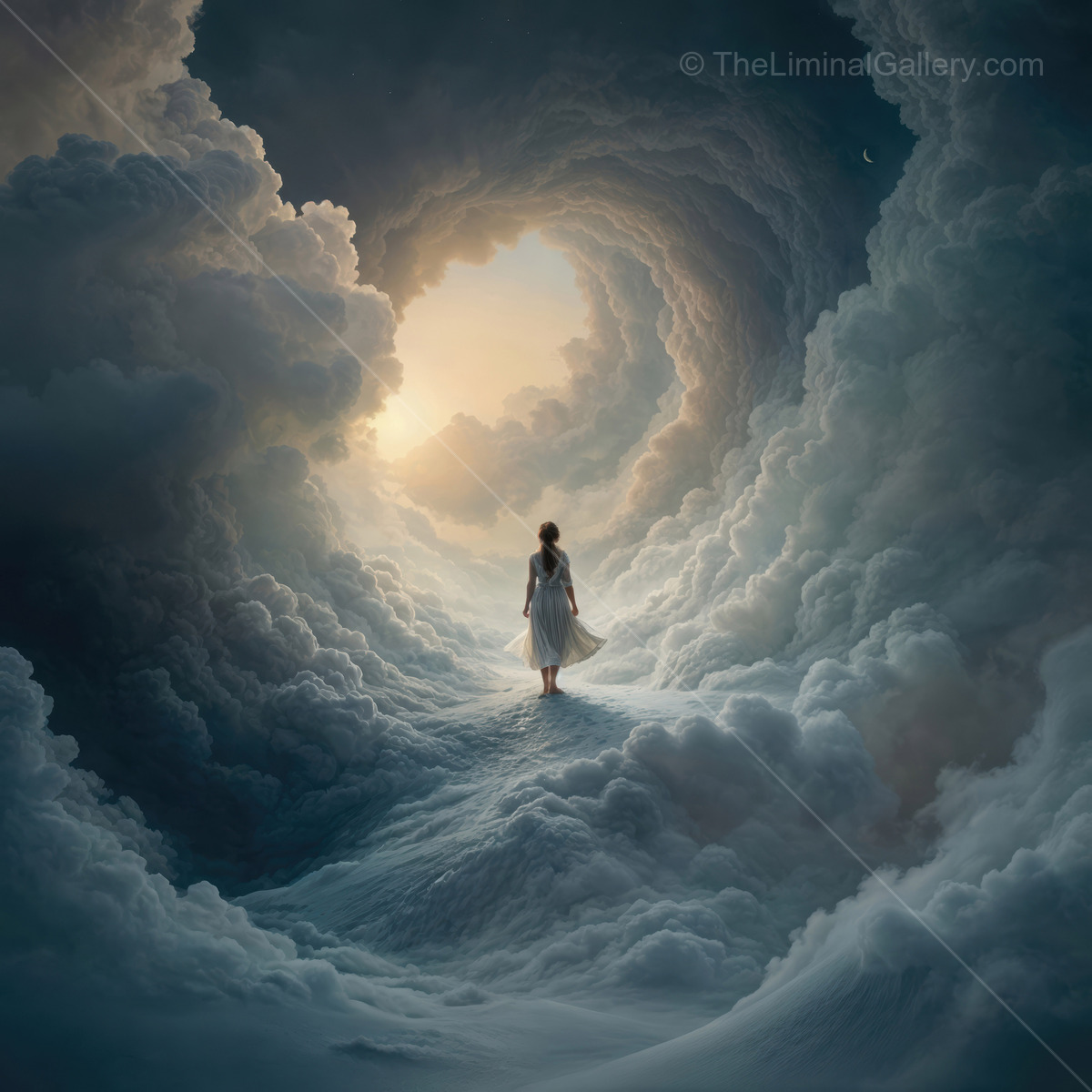 Woman walks a path of layered clouds at first light, soft curls of vapor opening into a brightening sky