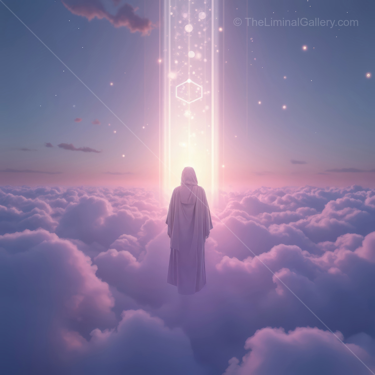 A figure cloaked in ethereal light stands among soft clouds in a dreamy twilight scene filled with vibrant colors and cosmic energy
