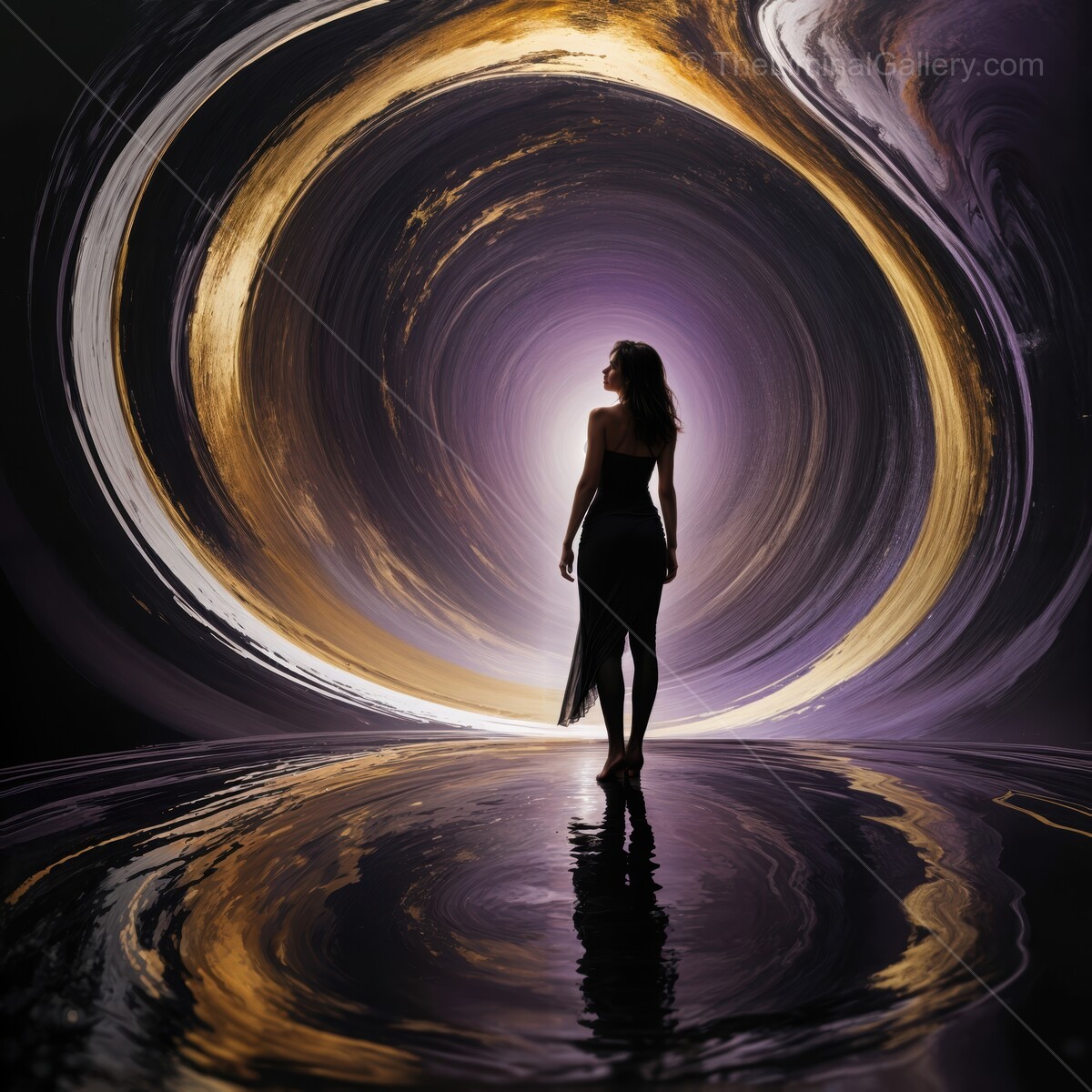 Mystical silhouette stands at the edge of a glowing cosmic swirl in a dreamlike space