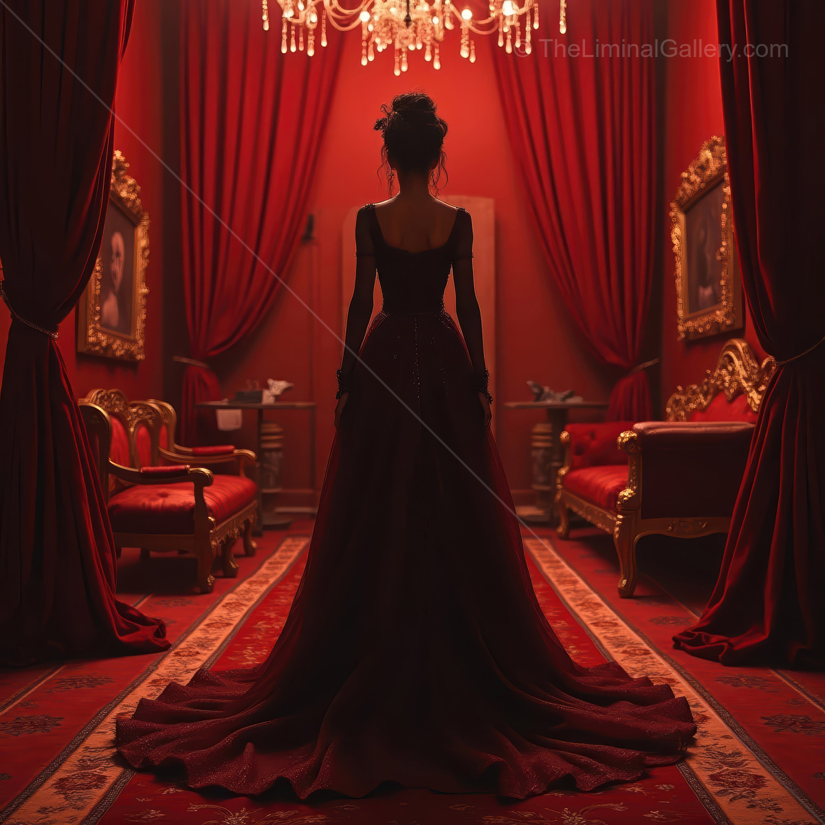 Woman in a crimson hall with gold accents and portraits stands under chandelier glow in trailing gown