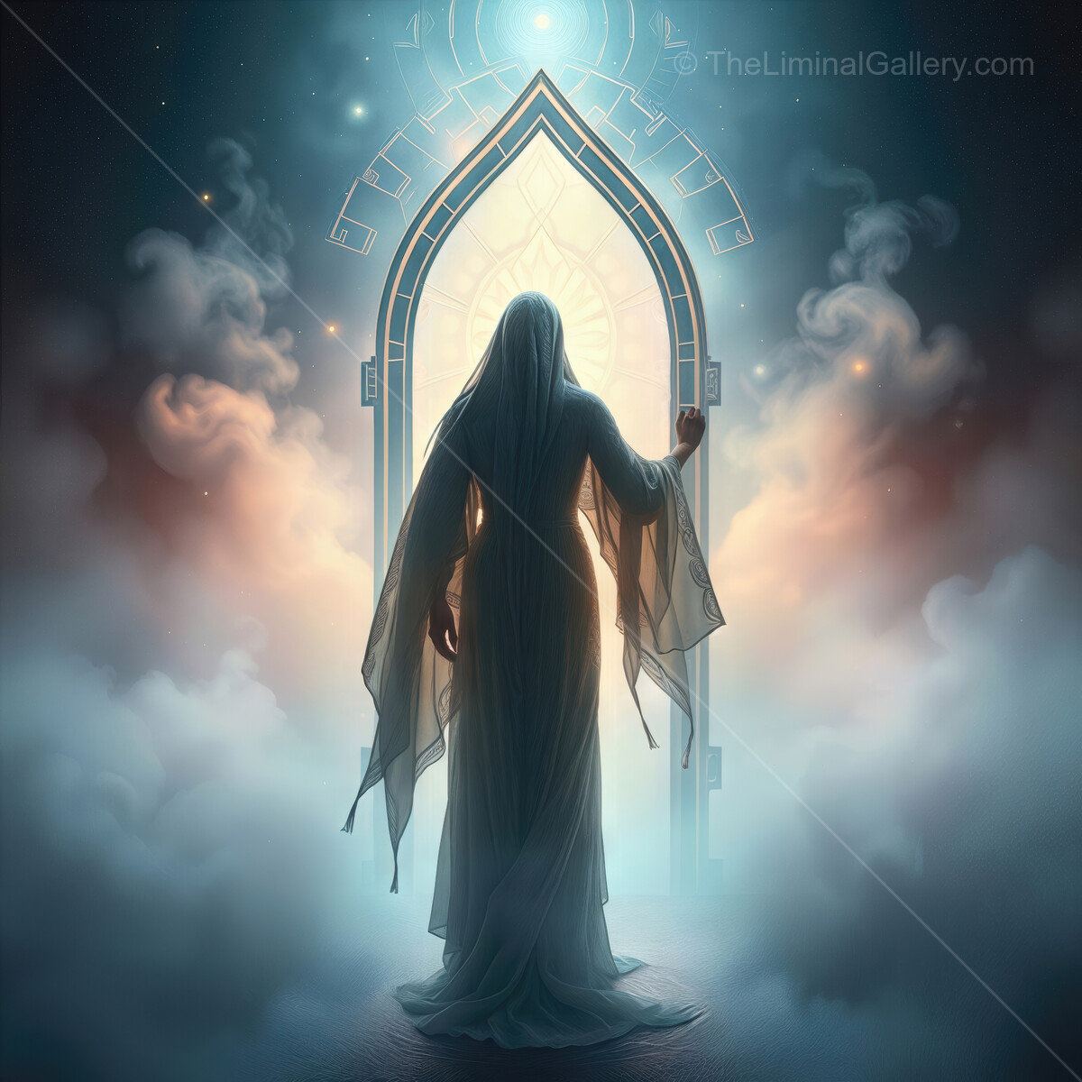 Mystical woman stepping through illuminated portal into ethereal realm surrounded by swirling clouds and light