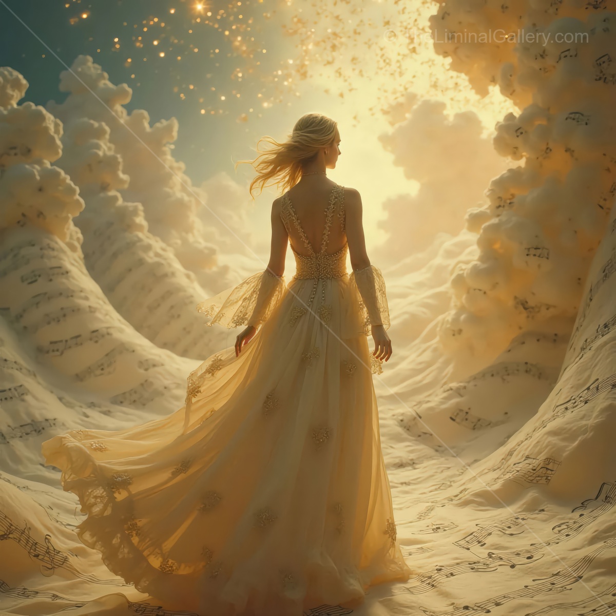 Dancer in a dreamlike landscape of music notes and swirling clouds, capturing a moment of serenity and flow