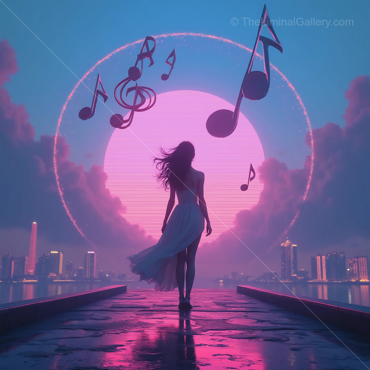 Dancer in a vibrant synthwave twilight cityscape, surrounded by floating musical notes and a radiant full moon