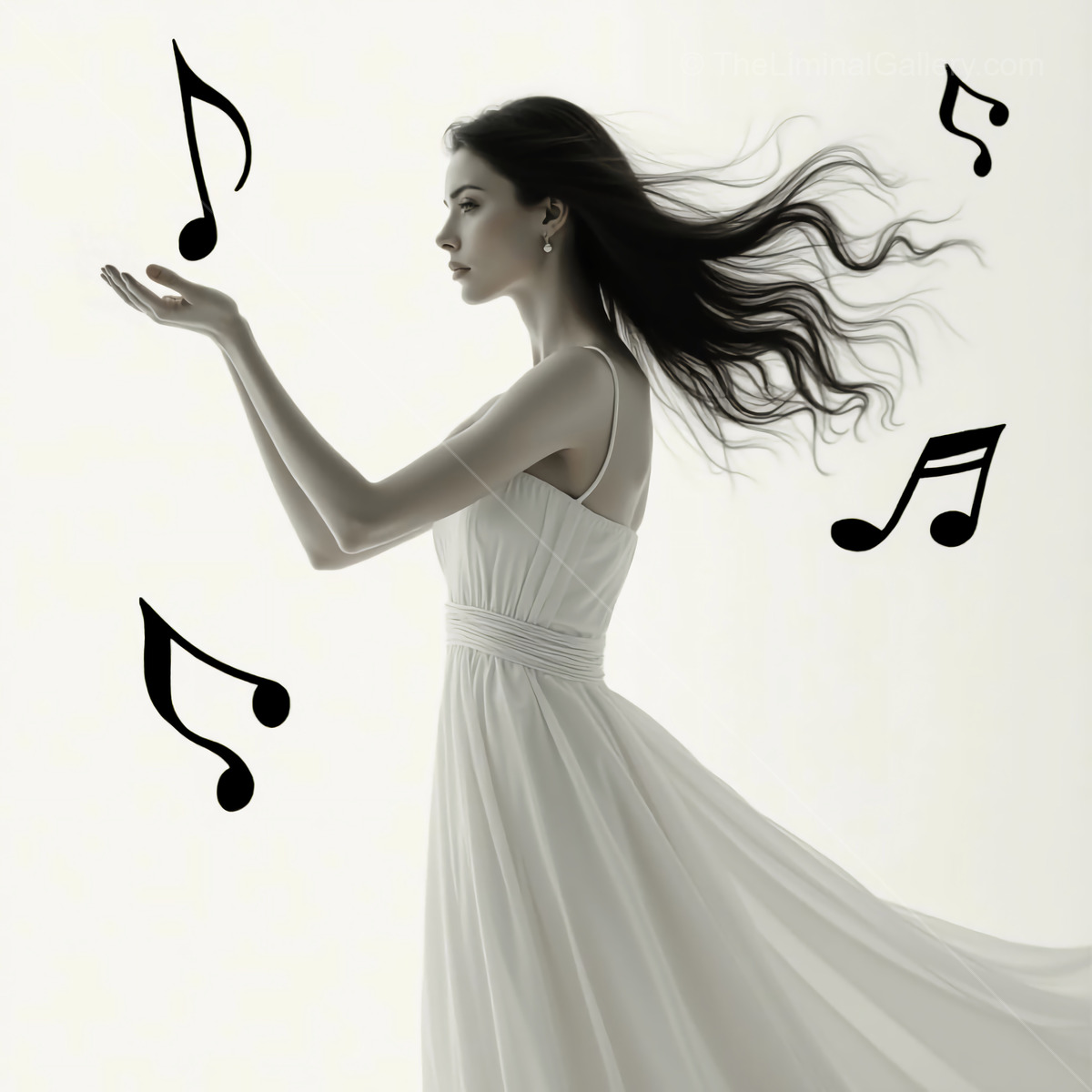 Graceful dancer in a flowing white dress surrounded by musical notes in a serene and ethereal setting