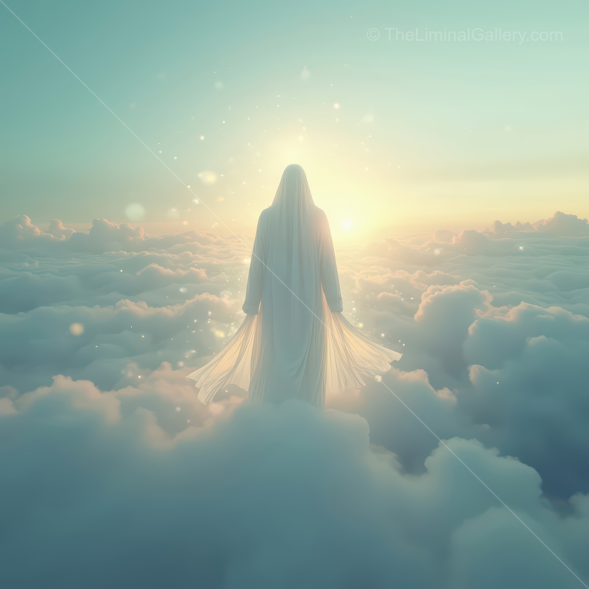 Woman stands among billowy clouds at dawn, soft sun rays edging her white dress and shoulders