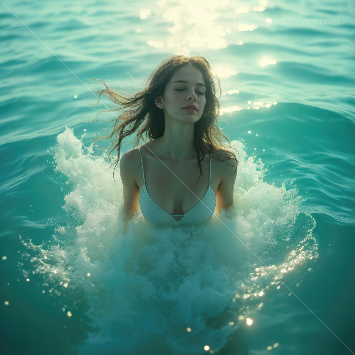 Woman rises from calm ocean at dawn, splash arcs catching gold light as her hair streams back