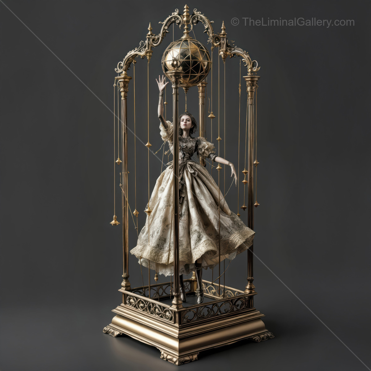 Dancing doll in ornate cage with globe above, showcasing intricate details and a blend of elegance and whimsy in a unique artistic creation