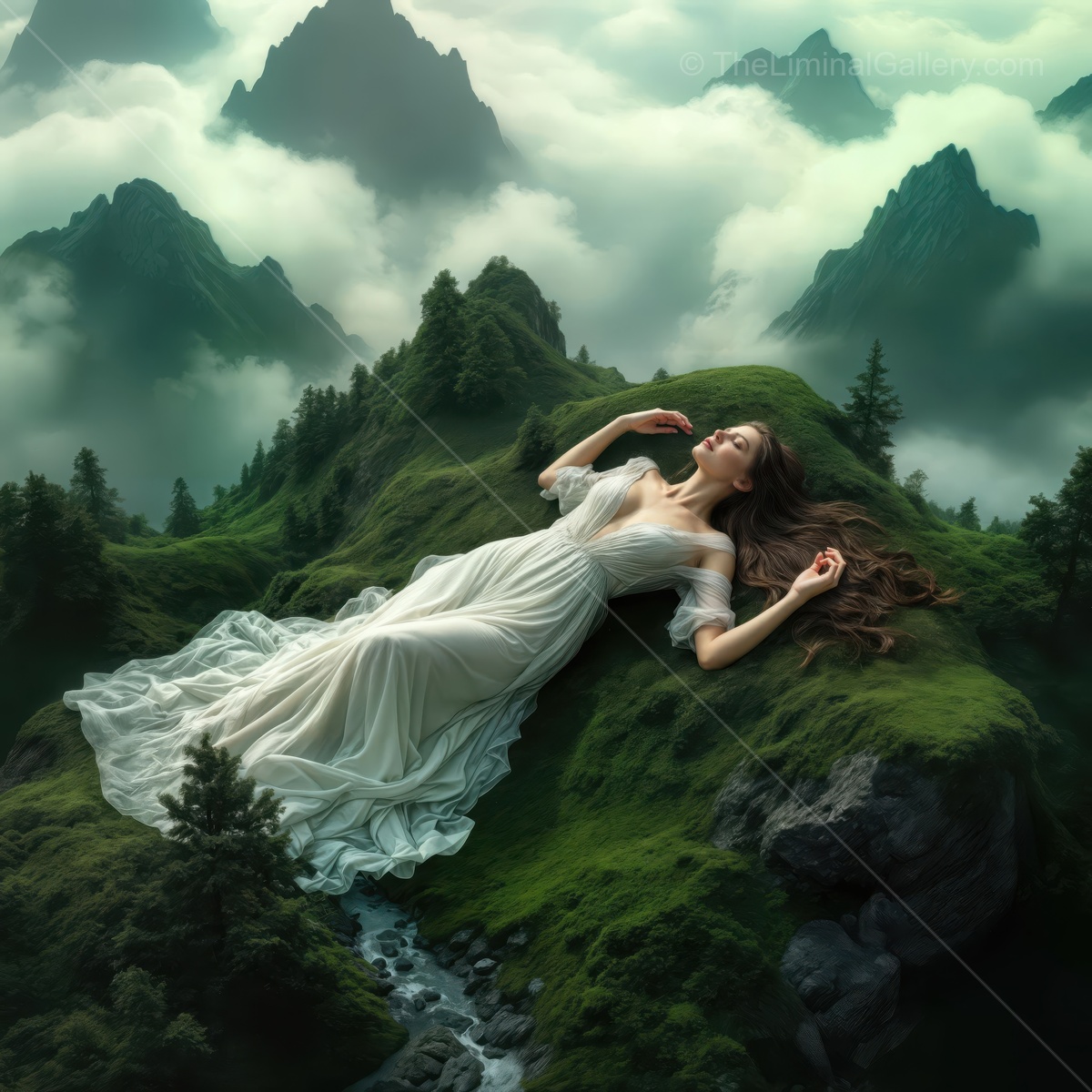Dreaming in the forest: woman in flowing dress surrounded by majestic mountains and soft mist