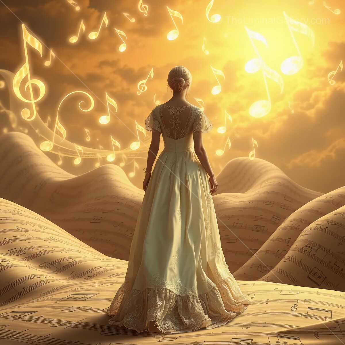 Dreamlike landscapes of music and melody intertwine with a figure in vintage attire at sunset