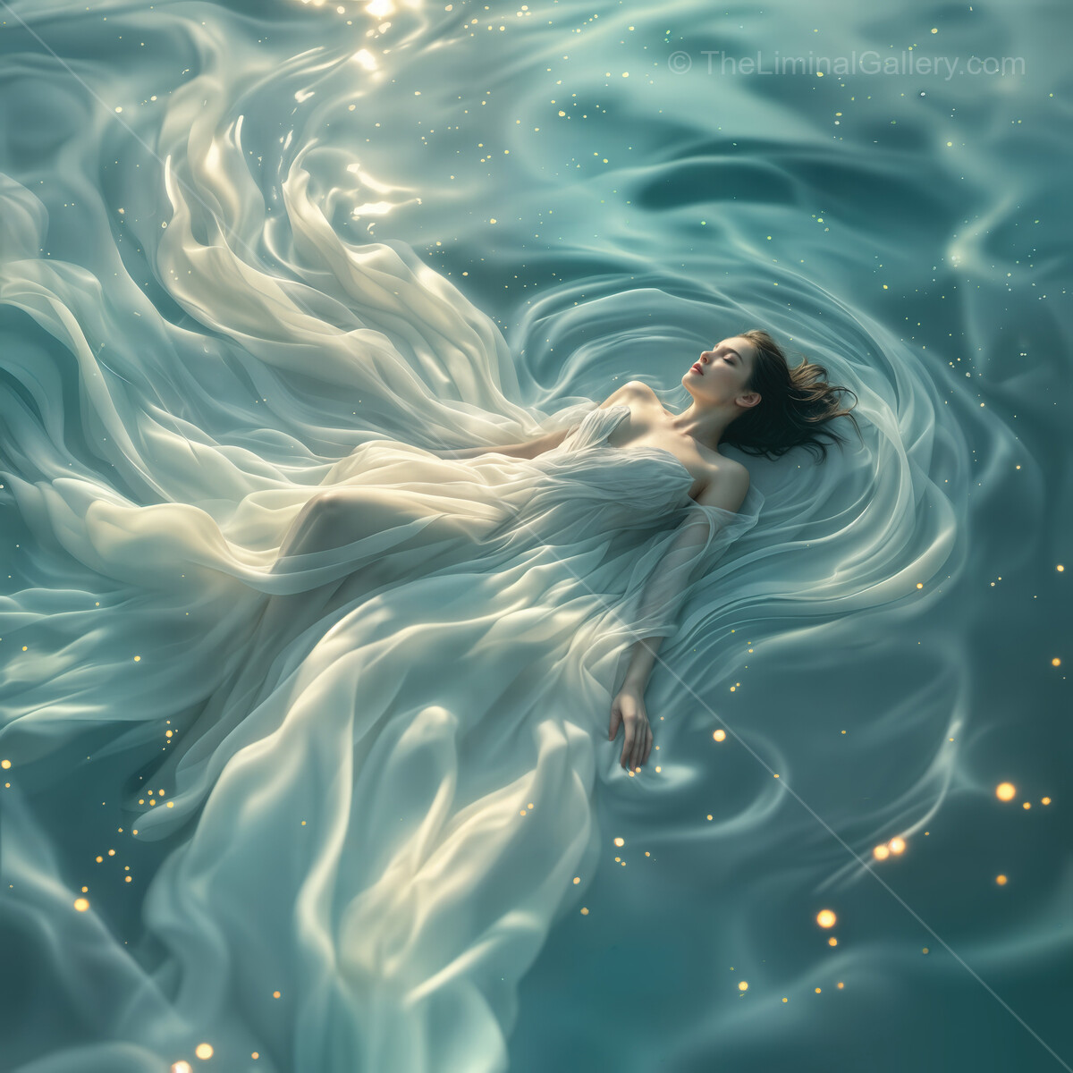 Dreamlike woman floating gracefully in flowing fabric amid a mystical turquoise sea under a soft golden glow