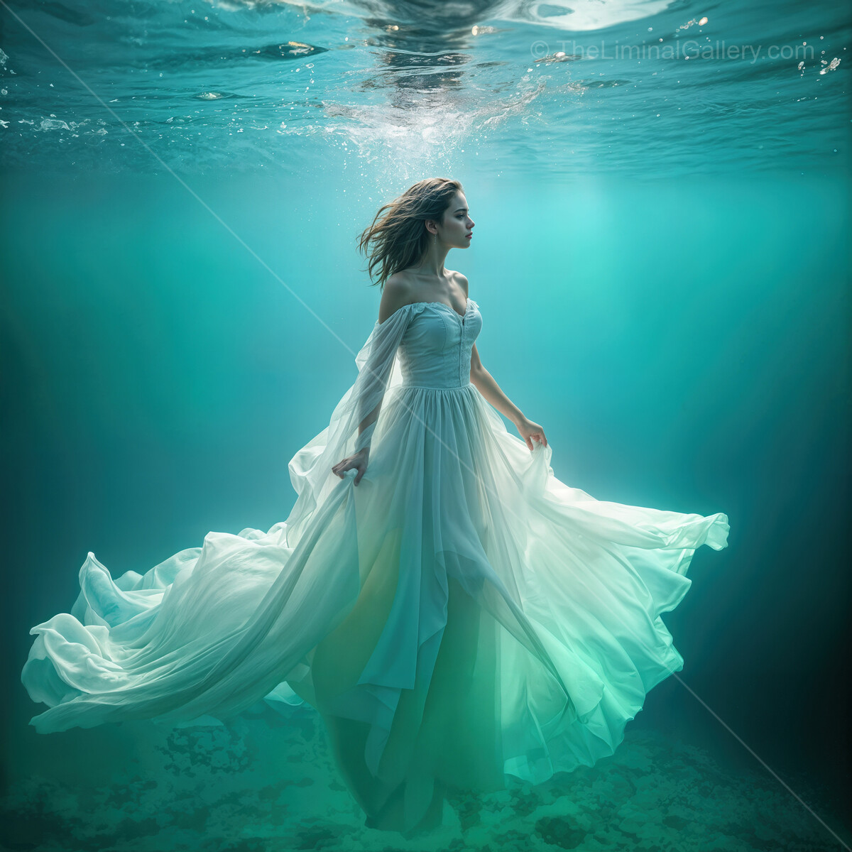 Ethereal woman swims gracefully in a surreal underwater world illuminated by soft rays of light