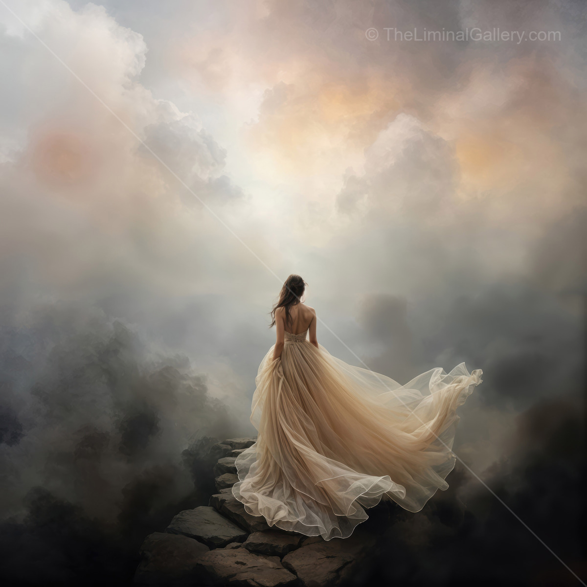 Dreamy woman in flowing gown explores ethereal landscape at twilight