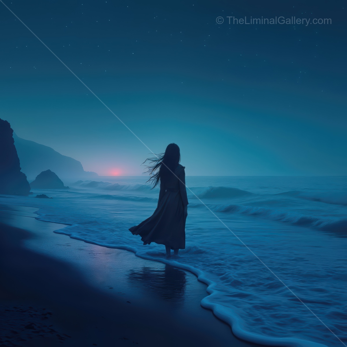 Woman stands on a beach at dusk as waves lace the shore, cliffs and horizon fading to blue