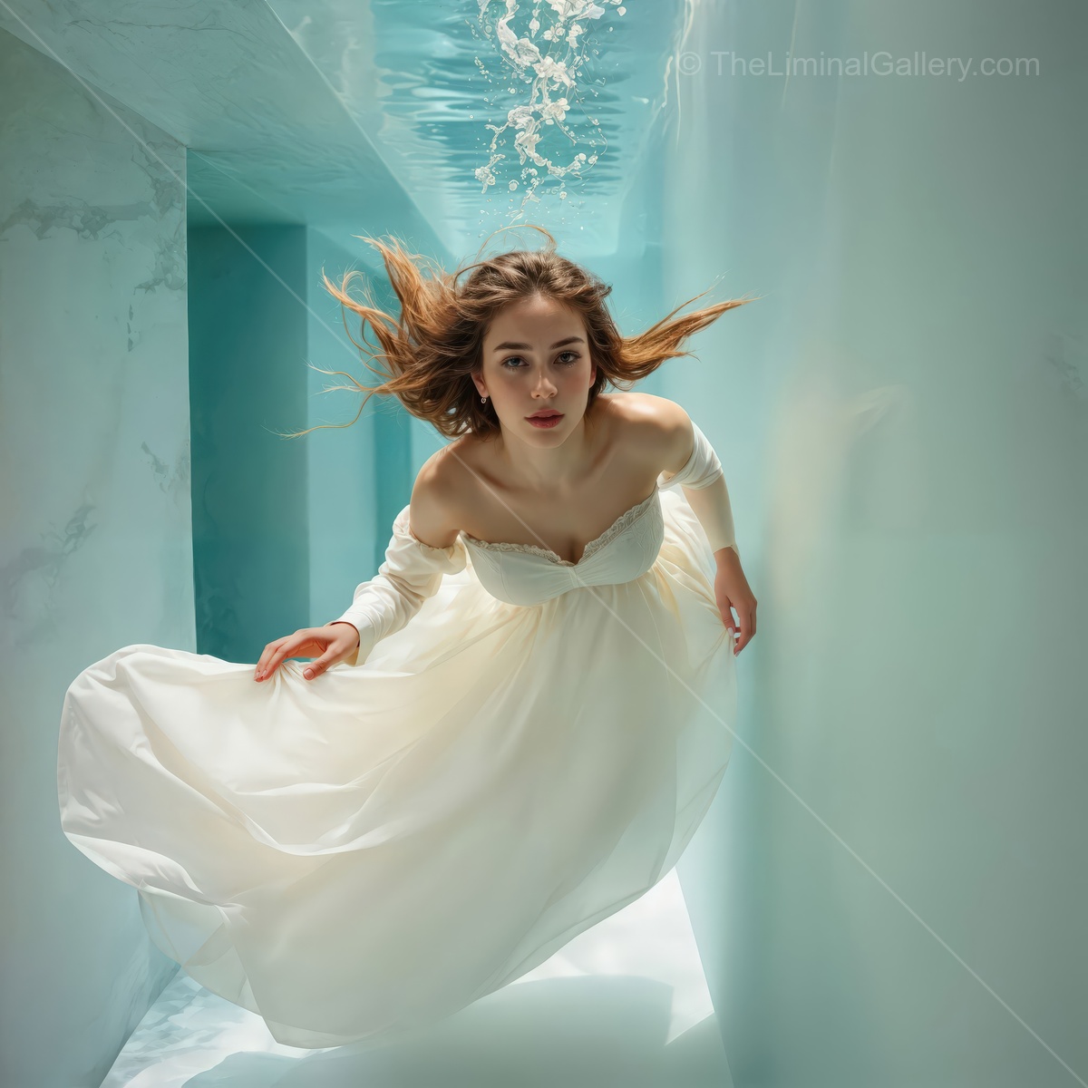 Elegance beneath the surface as a woman in white flows gracefully underwater in a serene space