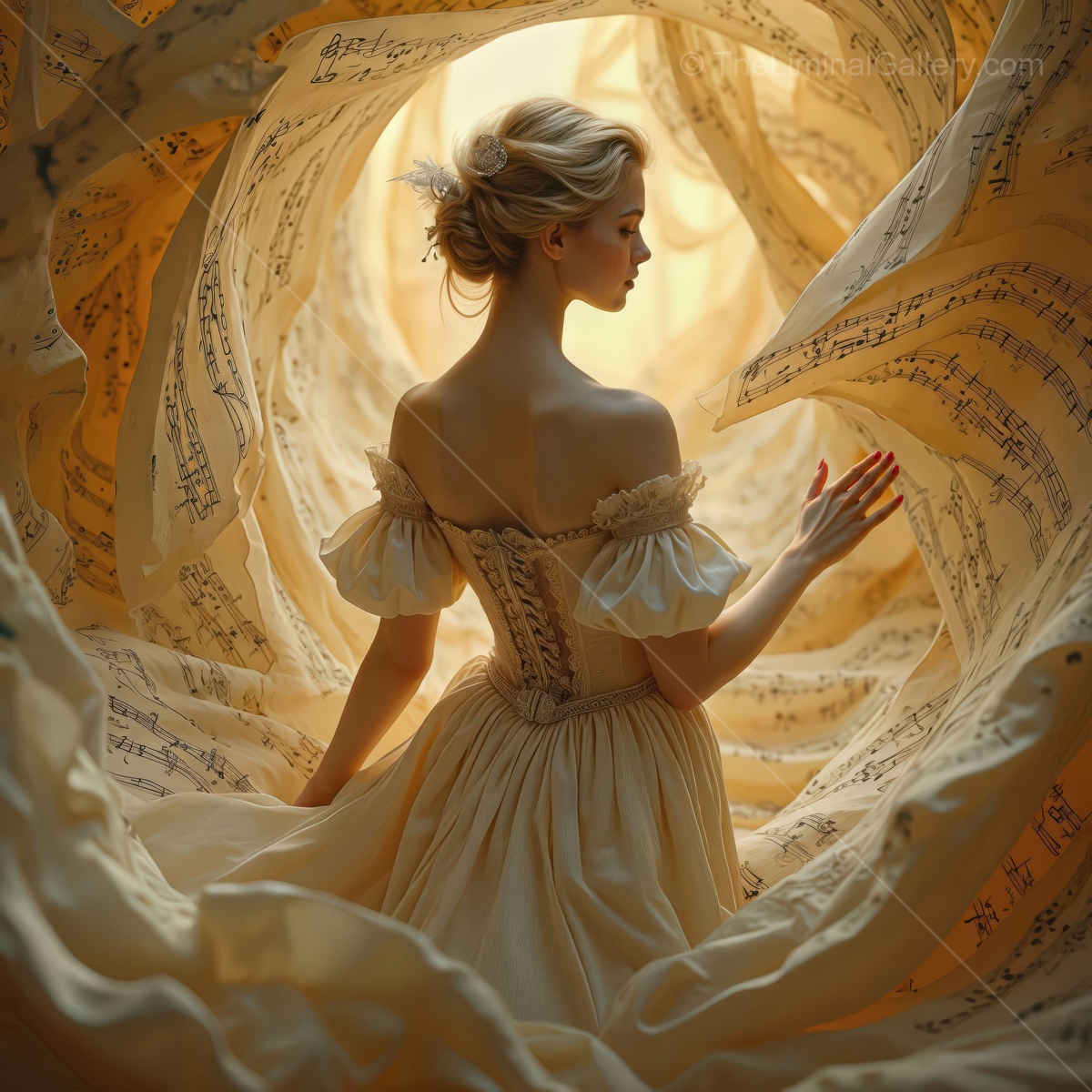 Elegant dancer lost in a melody, swirls of sheet music envelop her in a magical dreamscape