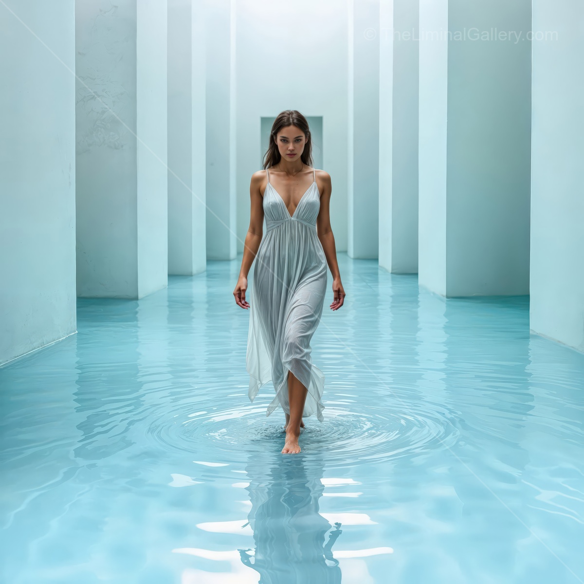 Elegant figure walks through serene turquoise water in minimalist architectural space