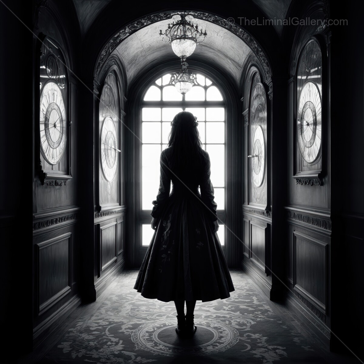 Elegant lady in a vintage gown embraces the enigmatic allure of time in a grand hall