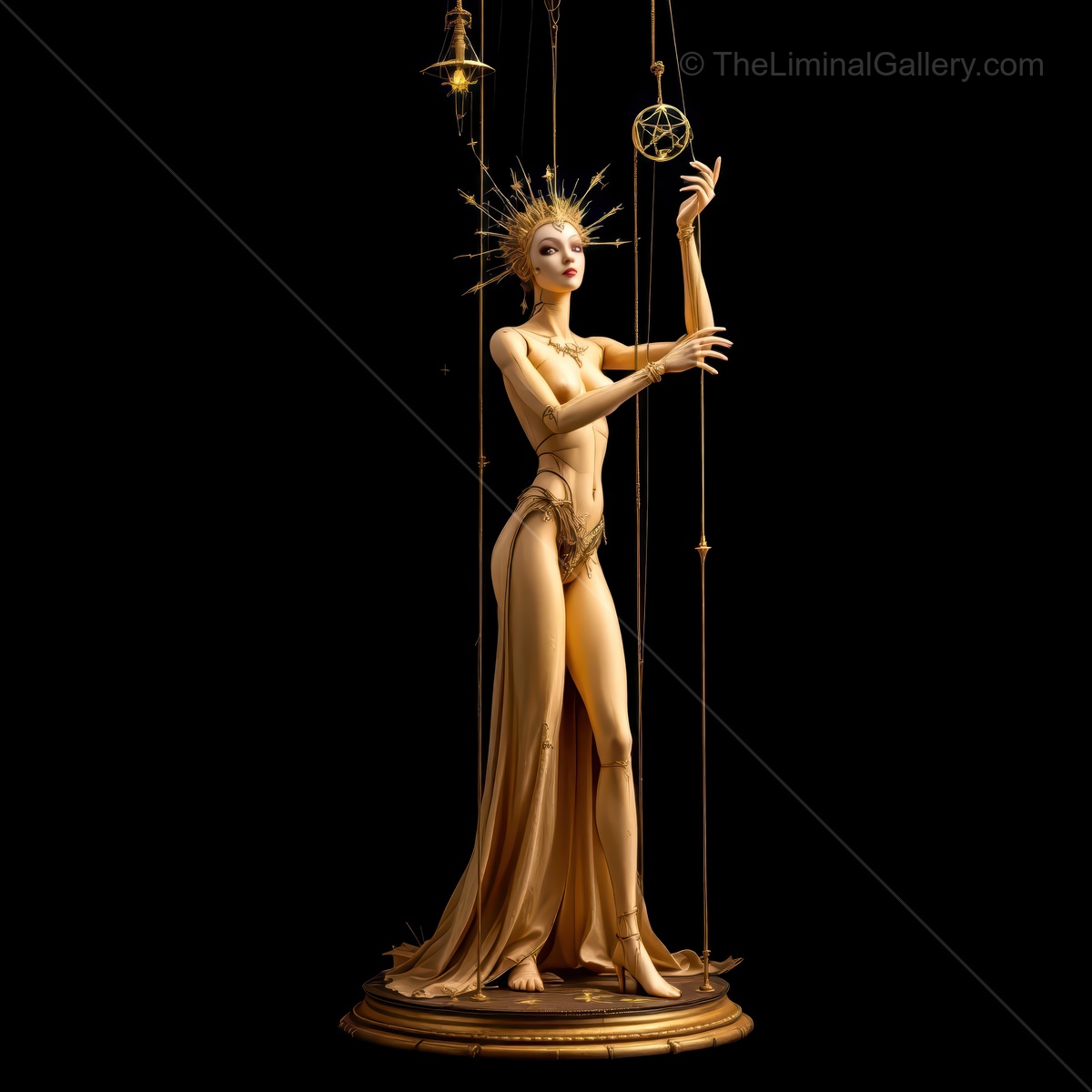 Elegant puppet figure suspended in a dark space, showcasing intricate details and delicate features under soft lighting
