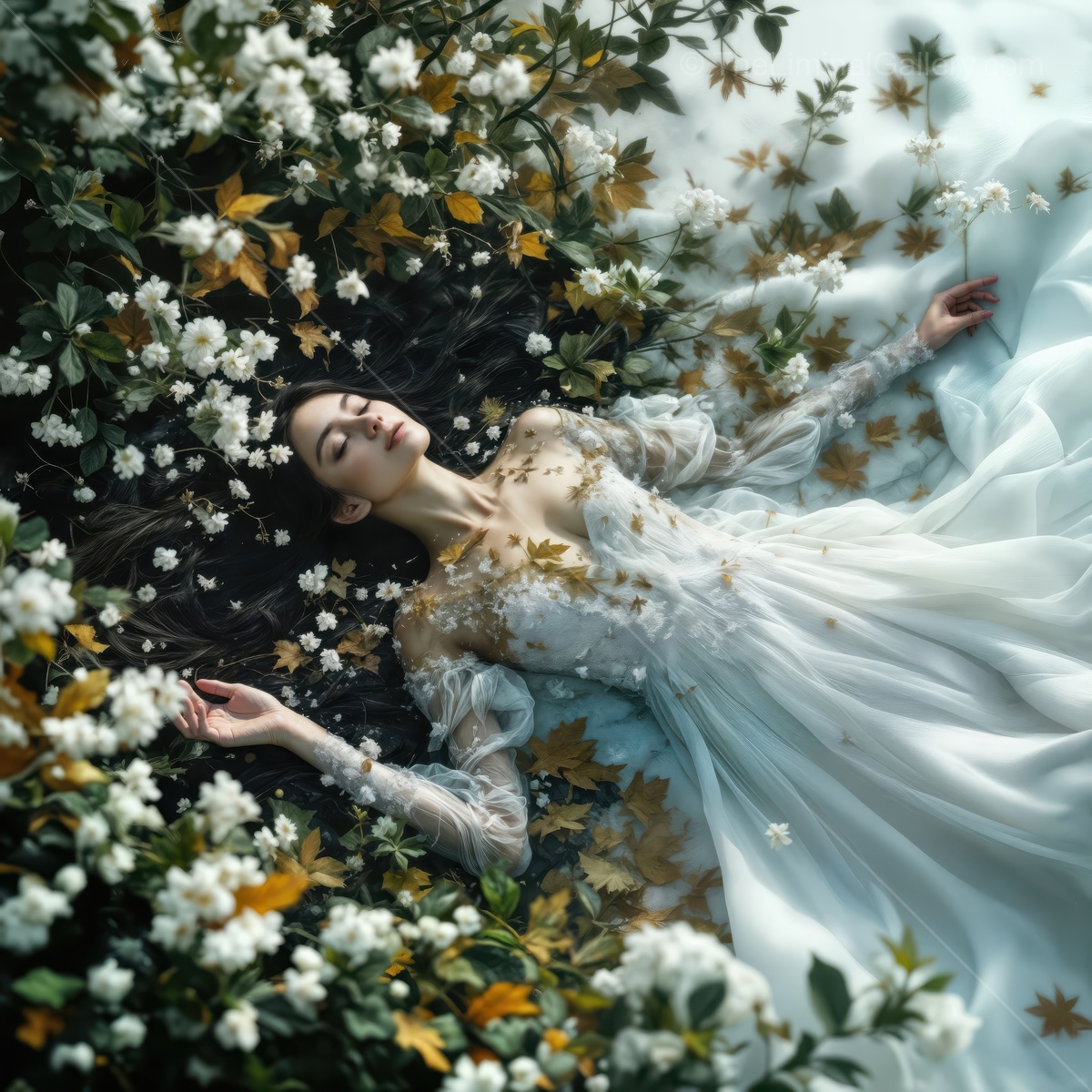 Elegant woman embodies the essence of the seasons while lying on a bed of flowers in nature's serene embrace