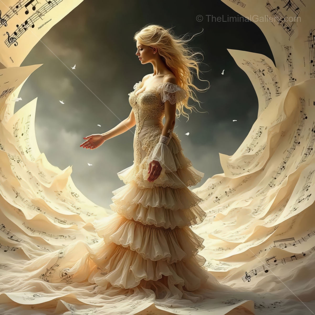 Enchanting ballet of music and elegance in a dreamlike landscape with flowing sheets of notes