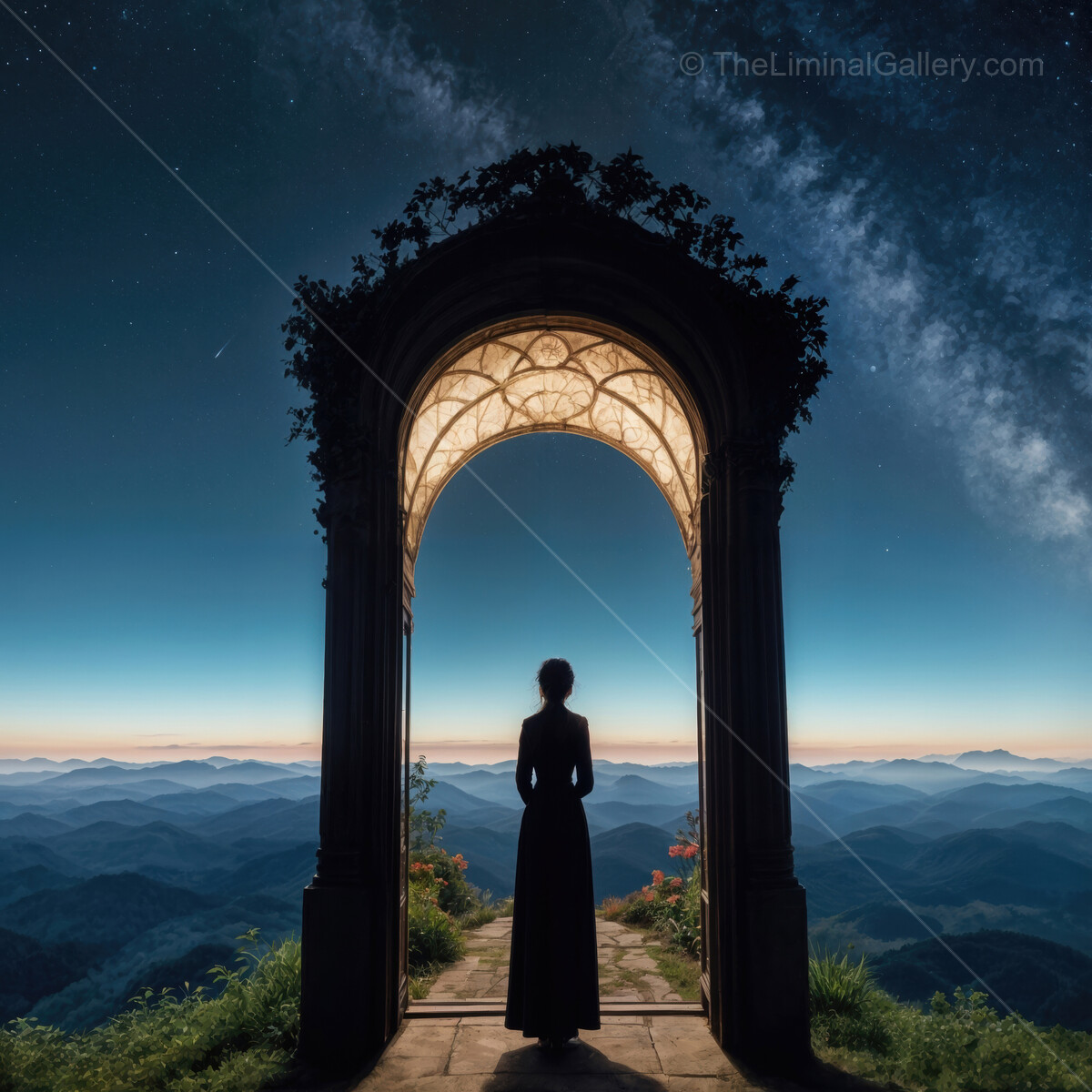 Enchanted gateway reveals cosmic wonders at dawn in a serene mountain landscape