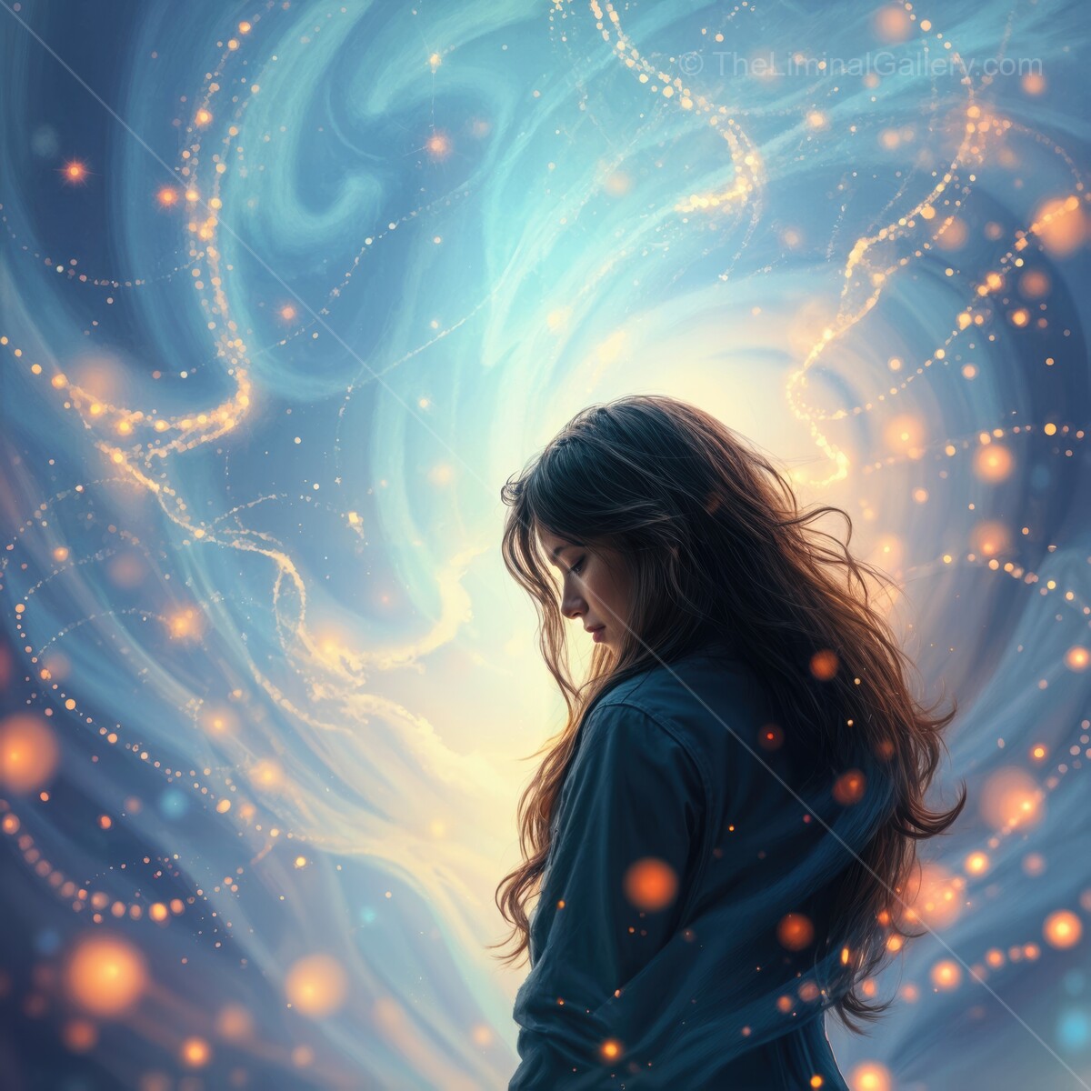 Enchanting woman surrounded by a swirl of ethereal lights and cosmic energy in a dreamlike atmosphere