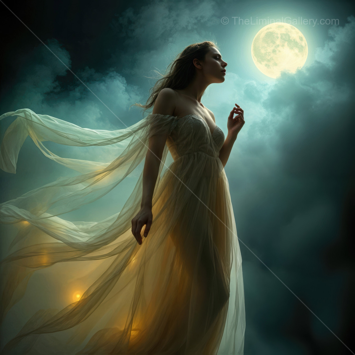 Enchanting figure dances gracefully under the luminous full moon in a magical twilight landscape