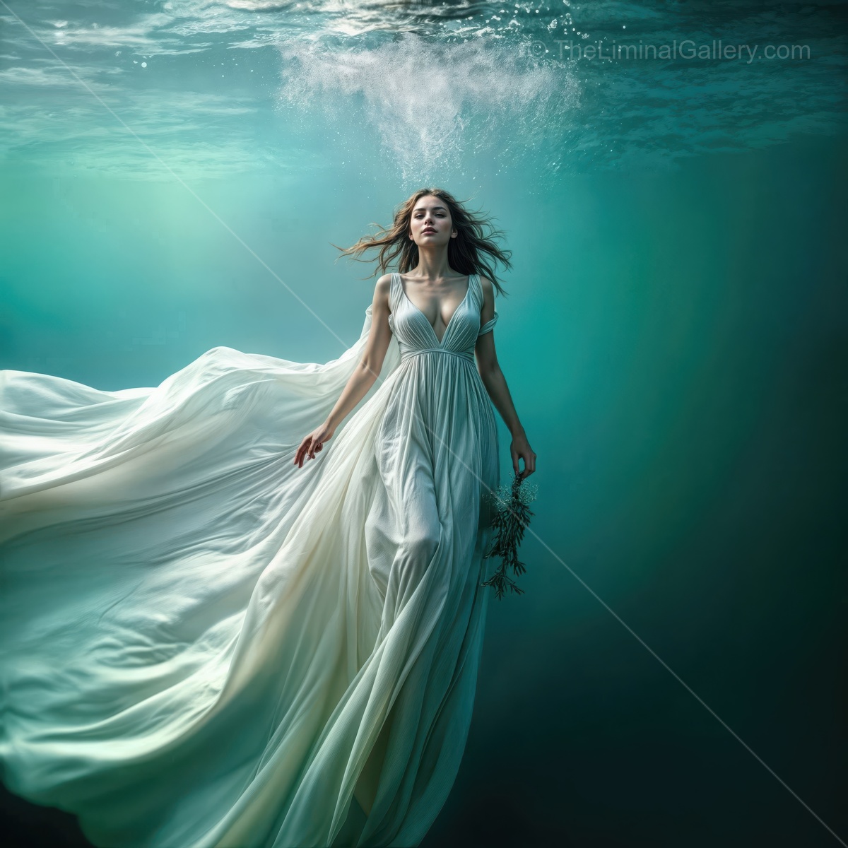 Enchanting underwater journey of a woman in a flowing white dress surrounded by ethereal vibes